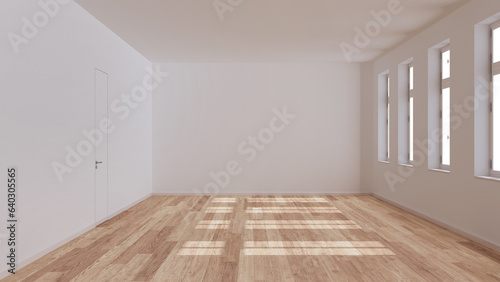 Empty room interior design, open space with parquet floor, window and white walls, modern architecture concept idea