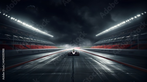 Formula one racing car on track at night in rain, with empty stadium seats