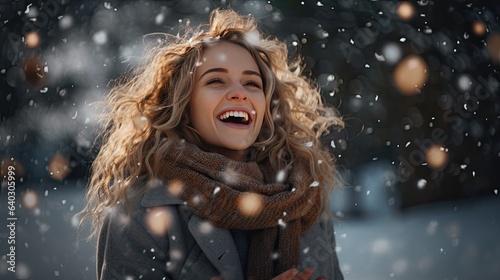 A dynamic shot of the model playfully tossing a handful of snow upwards, their joyous expression captured mid-laugh, with twinkling fairy lights strung in the trees behind them