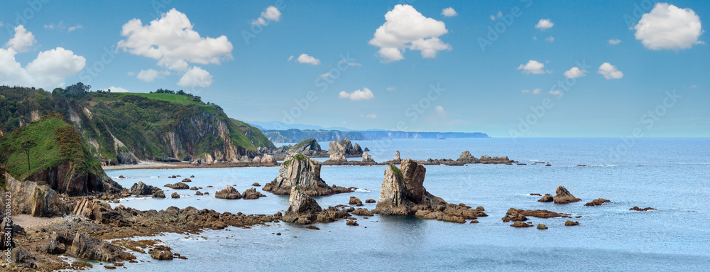 Atlantic Ocean coastline landscape, view from Silencio beach in Cudillero, Asturias, Spain.
