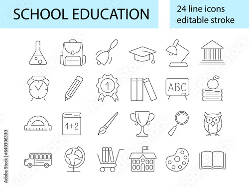School education line icons collection. Clock, owl and globe. Back to School concept. Isolated vector illustration
