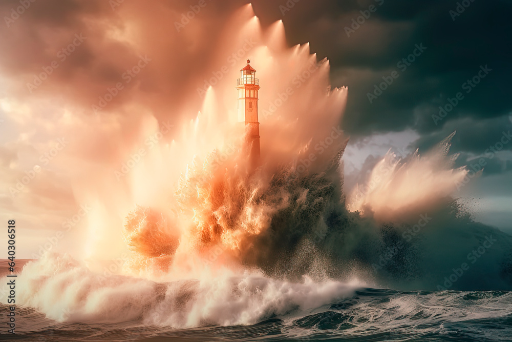 Big storm wave with a lighthouse on the ocean. Generative AI Big storm wave with a lighthouse on the ocean. Generative AI