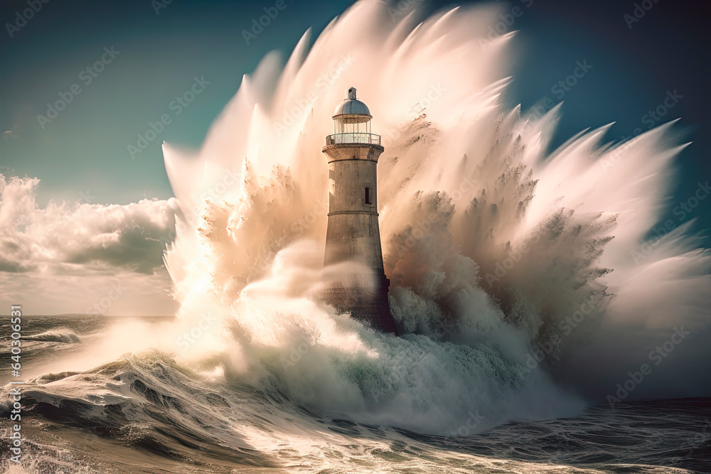Big storm wave with a lighthouse on the ocean. Generative AI