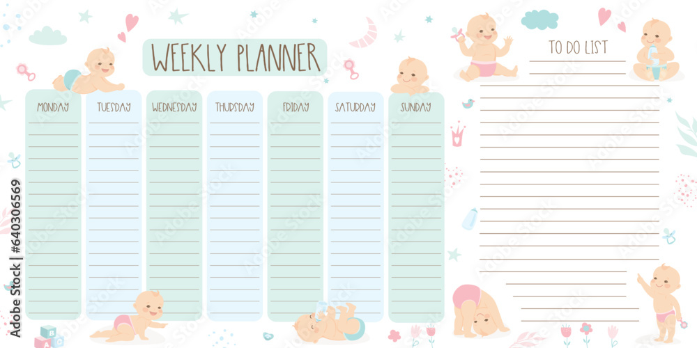 Weekly planner and to do list with cute infant baby boys and girls. Place for text, notes. Newborn children in various poses. Printable banner, poster. Shower or greeting card. Weekly planner and to do list with cute infant baby boys and girls. Place for text, notes. Newborn children in various poses. Printable banner, poster. Shower or greeting card.