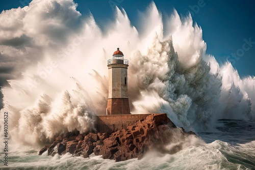 Big storm wave with a lighthouse on the ocean. Generative AI