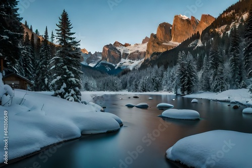 winter landscape with lake and mountains