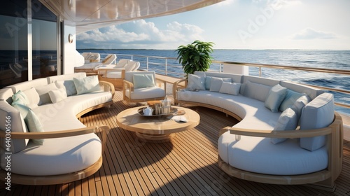 Yacht Deck , A luxurious yacht deck with teak flooring, plush seating, and uninterrupted ocean views