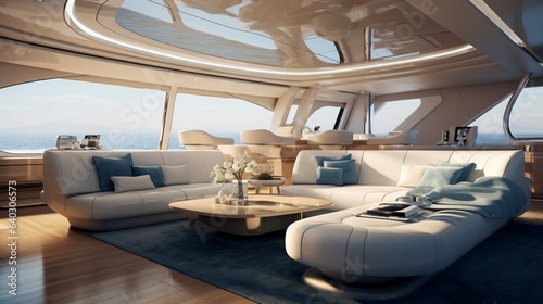 Yacht Interior , The interior of a luxury yacht with plush seating, a fully-stocked bar, and views of the open sea © ZUBI CREATIONS
