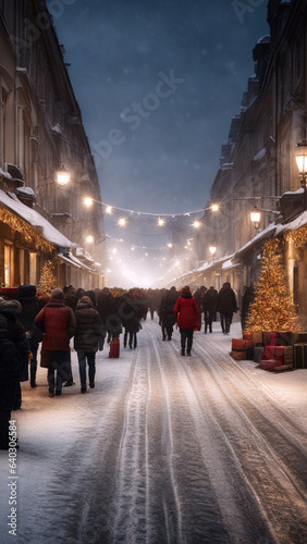 People walk along a festively illuminated winter street at night, christmas tree in the city