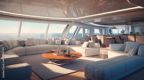Yacht Interior , The interior of a luxury yacht with plush seating, a fully-stocked bar, and views of the open sea