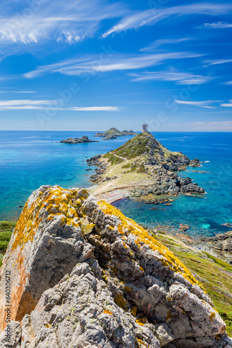 Majestic ruined Genoese tower which was built in 1550-1551 by Giacomo Lombardo, located in Pointe de la Parata, Ajaccio, Corse, France