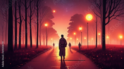 A Person Walking Down A Street At Night