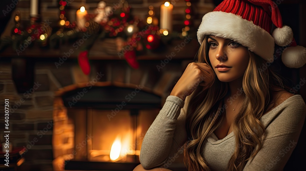 A cozy indoor ambiance, the model in a stylish winter ensemble and a Christmas hat, leaning on a wooden mantelpiece adorned with stockings