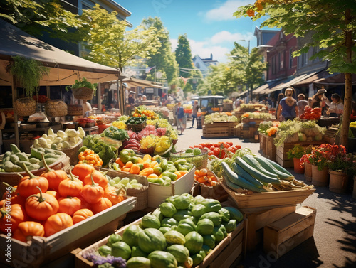 a lively farmer's market on a sunny day, with a variety of colorful, fresh produce on display