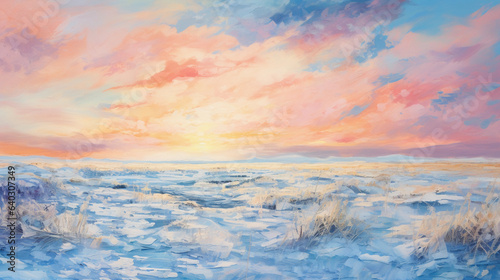 Icy tundra landscape under a vibrant, pastel - colored sky, abstract impressionist style, palette knife texture, vast openness