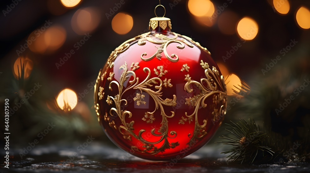 Red Christmas ball with golden ornaments on a bokeh background. Merry christmas and Happy New Year! Red Christmas ball with golden ornaments on a bokeh background. Merry christmas and Happy New Year!