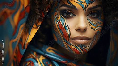 Portrait of a beautiful young woman with creative make-up. Masking Art.