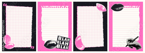 A set of templates for social media posts or stories. Trending posters with halftone collages. Ripped notebook sheets in plaid and line. Can be used for notes or as planner sheets. Vector.