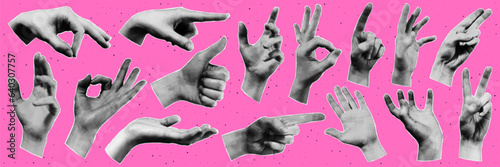 A big set of hands. Trendy halftone style for collages. Modern vector illustration.