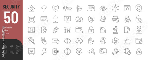Security and Protection thin line icons set. Vector illustration in modern thin line style of editable protection symbols: cybersecurity, passwords, warnings, personal data protection, and more.