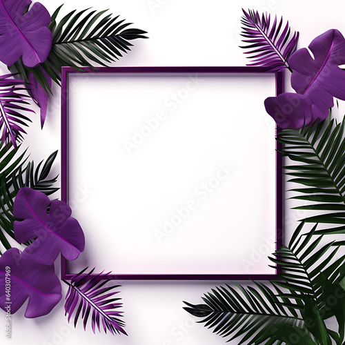 Purple White Frame with white blank empty space for text pictures or images. Violet  Green and purple Leaves and flowers around it  