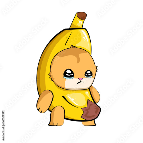 Banana Cat isolated on white background. Sad banana cat meme cartoon vector sticker, label and icon for printing on t shirt
