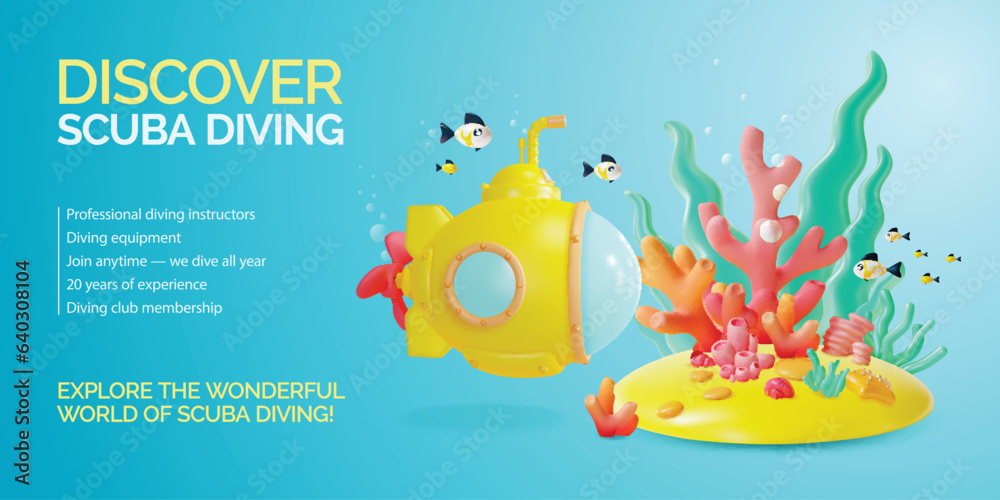 Fototapeta premium 3d Discover Scuba Diving Placard Poster Banner Card Template Cartoon Style Underwater World Scene Landscape and Yellow Submarine with Periscope. Vector illustration
