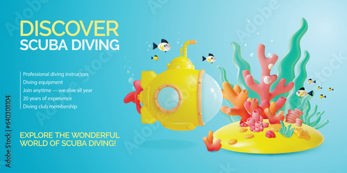 3d Discover Scuba Diving Placard Poster Banner Card Template Cartoon Style Underwater World Scene Landscape and Yellow Submarine with Periscope. Vector illustration