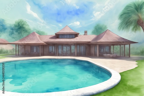 A Painting Of A House With A Pool In Front Of It