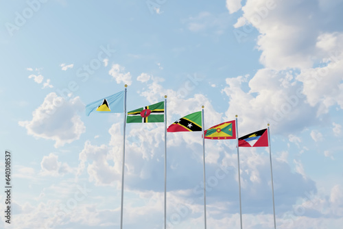 Flags of Caribbean countries Saint Kitts and Nevis, Dominica, Saint Lucia, Grenada, Antigua and Barbuda