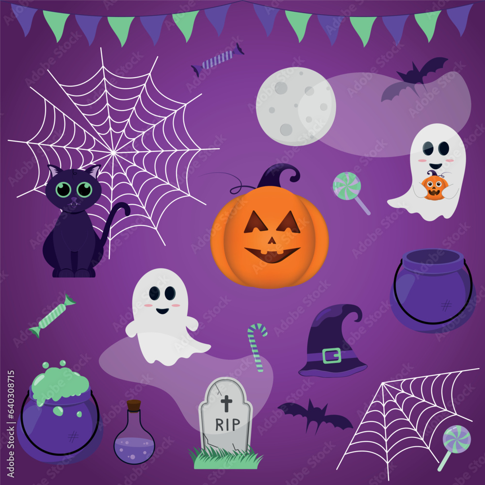 Collection of Halloween elements on a dark background