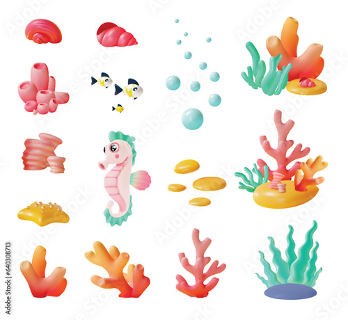 3d Underwater World and Diving Adventure Concept Icon Set Cartoon Style Include of Coral and Seaweed Under Water. Vector illustration