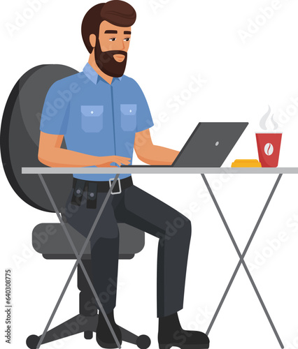 Policeman working at office table. Police officer working at computer cartoon vector illustration