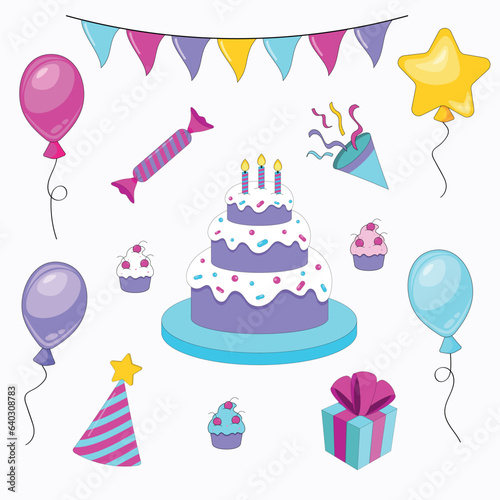 Set of birthday party items on a white background.