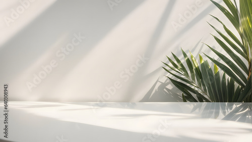Beauty white wall background with palm tree leaves and blurred foliage shadows. Minimal white background for product placement, product showcase, and product presentation.