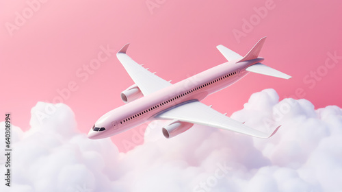 Airplane on pink copyspace background with clouds. Sustainable travel, zero emissions travel concept