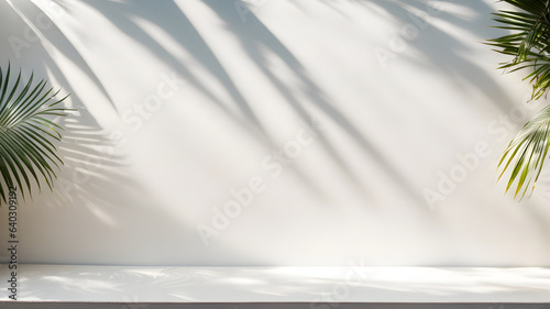 Minimal white wall background with palm tree leaves and shadows. Tropical background scene for product placement, product presentation, or product showcase.