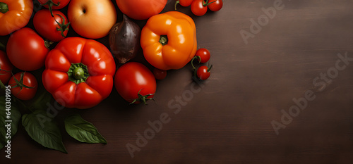 Tomatoes and Parika on a table. Header with empty space for text, brand or logo.