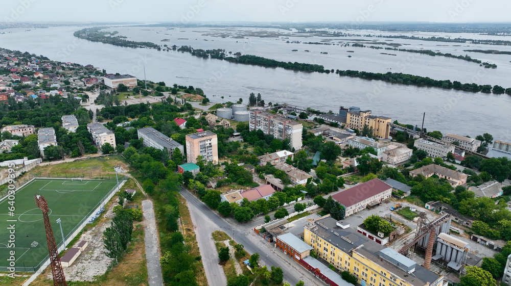 The flooded streets of the city of Kherson after the explosion of the dam of the Kakhovka reservoir. Ecological catastrophe in Ukraine. Russian-Ukrainian war. Exclusive drone footage