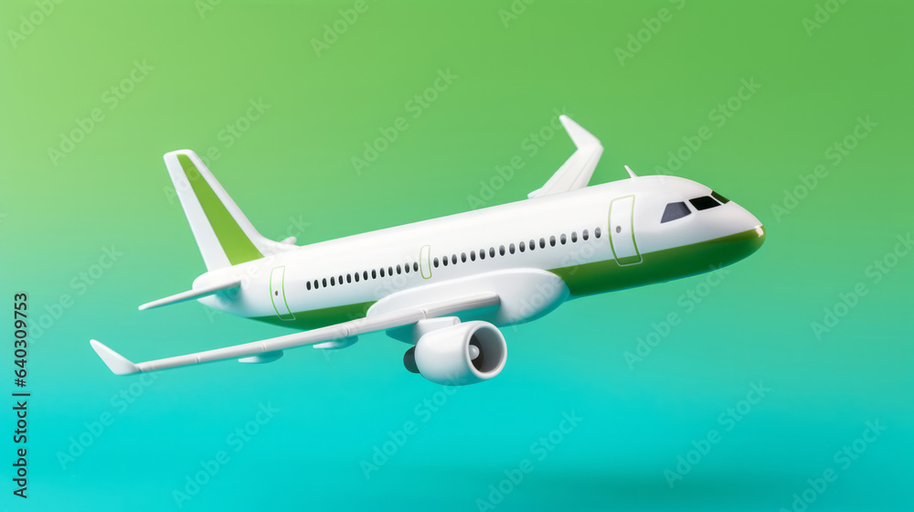 Airplane green and blue copyspace background. Sustainable travel, zero emissions and biofuel concept.