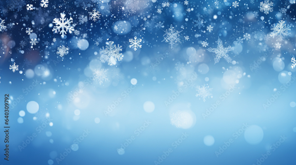 Blue bokeh background with snowflakes, generative AI