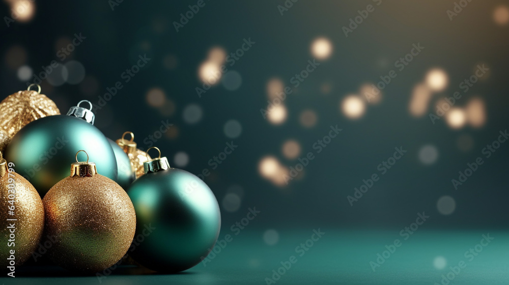 Fototapeta premium Christmas banner with green and golden balls on green background. Copy space. Xmas greeting card. Close up. Happy New Year, generative AI