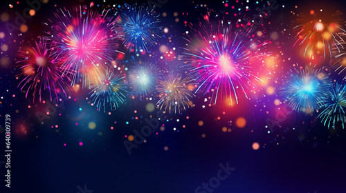 Abstract new year background with colorful fireworks and christmas lights. Festive illustration, generative AI photo