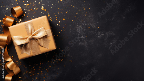 Golden gift box with gold satin ribbon on dark background. Top view of birthday gift with copy space for holiday or Christmas present, generative AI