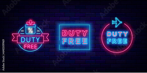 Duty free neon signs collection. Circle frame with present and plane. Advertisings on brick wall. Vector illustration