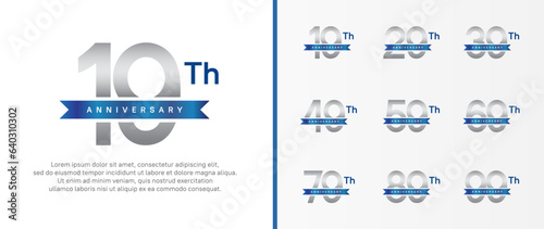 set of anniversary logo silver color number and blue ribbon on white background for celebration