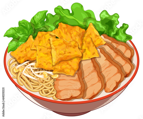 Vietnamese pork noodles with grilled rice-flour crackers (Cao lầu) illustration vector. Asian vietnamese food cao lau noodles with crispy rice paper icon. Vietnamese noodles with meat cartoon vector.