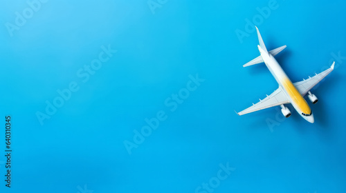 Airplane on blue copyspace background. Sustainable travel, zero emissions and biofuel travel concept.