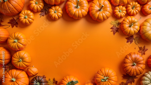 maple leaves and gourds or pumpkins on orange background