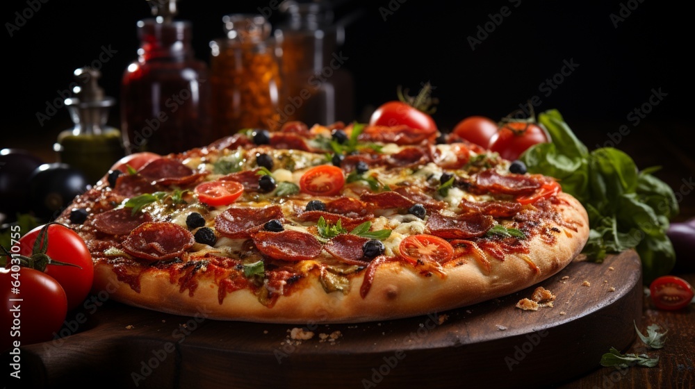 Illustration of pizza filled with tomatoes salami and olives